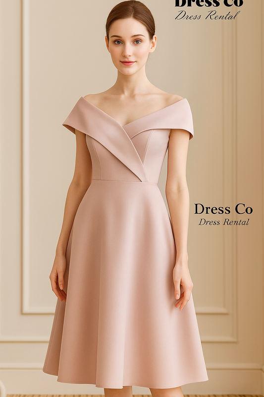 เดรสชมพูอ่อนคอปาด ดีไซน์ไขว้ / Soft Pink Cross-Front Bardot Dress