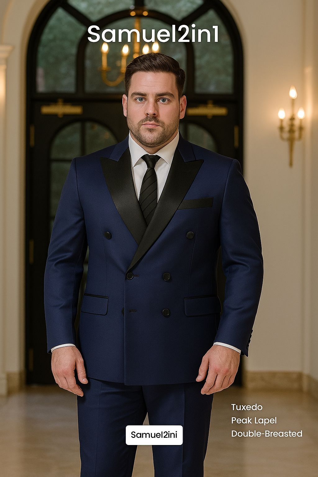 レンタル用の新仕立てスーツ、ネイビーブルー、ダブルブレスト（ピークドラペル）、サイズ3XL～6XL