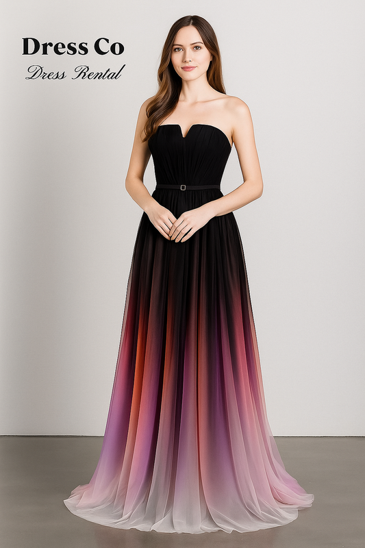 A sweet, flowing, pink-purple gradient strapless long evening dress.