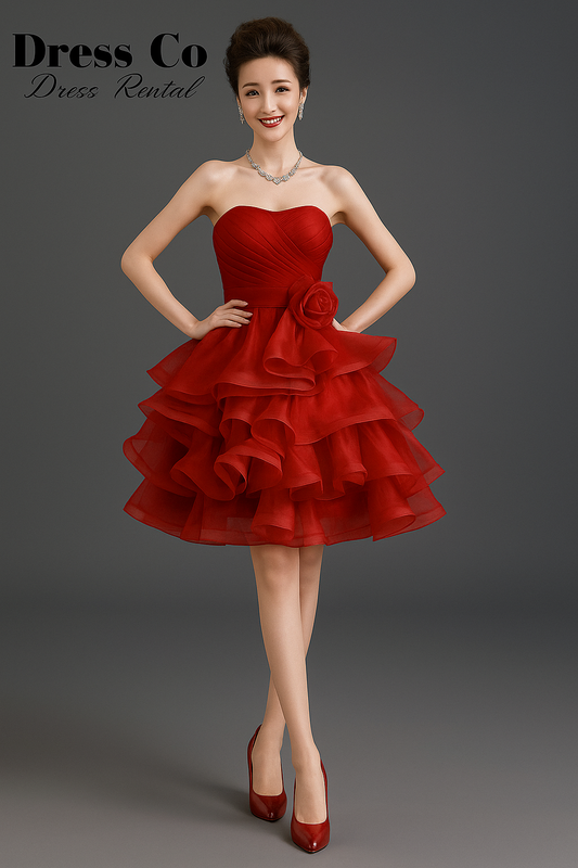 เดรสสั้นทรงฟูแต่งดอกไม้ / Red Ruffle Rose Dress