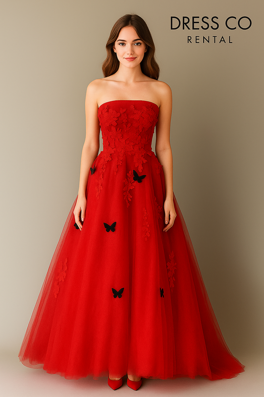 Red long evening dress with embroidered flowers and butterflies, strapless sleeves