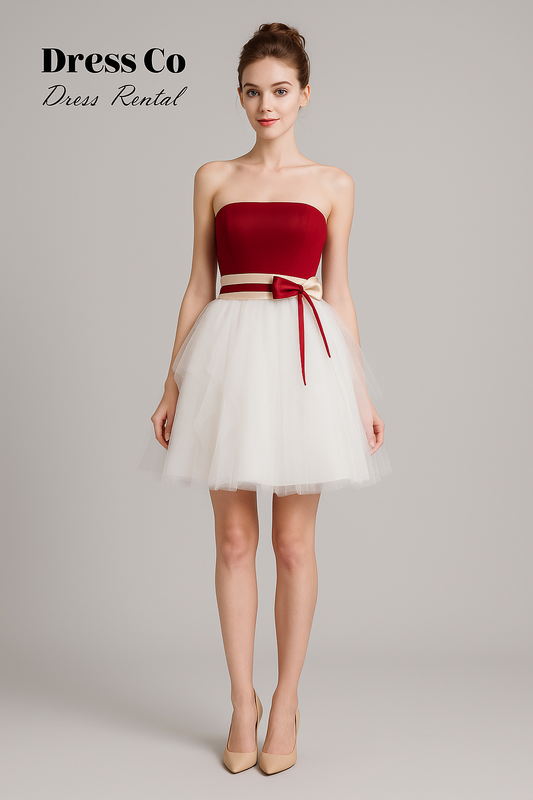 เดรสเกาะอกแดง กระโปรงฟูสีขาว คาดโบว์ครีมแดง/Red Strapless Dress with Fluffy White Skirt and Red-Cream Bow
