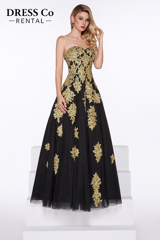 Black strapless long evening dress with luxurious gold embroidery