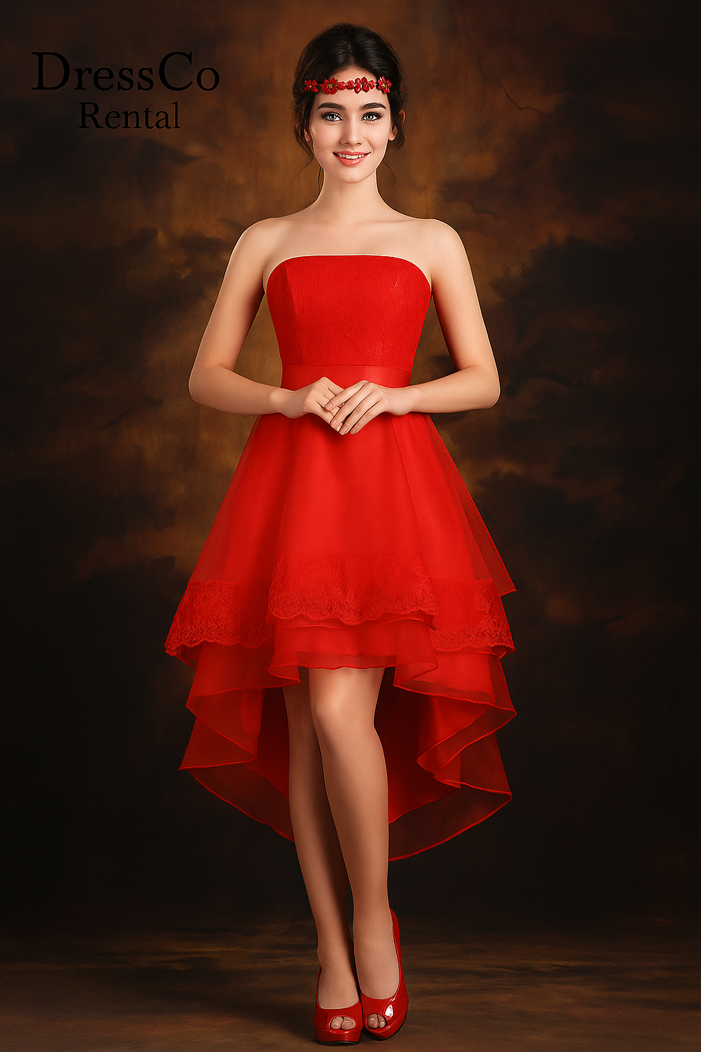 เดรสลูกไม้สั้นไล่ระดับ / Red Layered Lace Hi-Low Dress