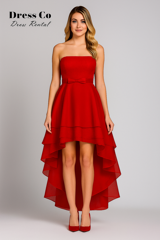 เดรสลูกไม้สั้นไล่ระดับ / Red Layered Lace Hi-Low Dress