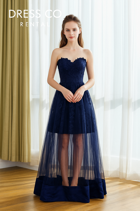 Navy Sheer Lace Sweetheart Dress