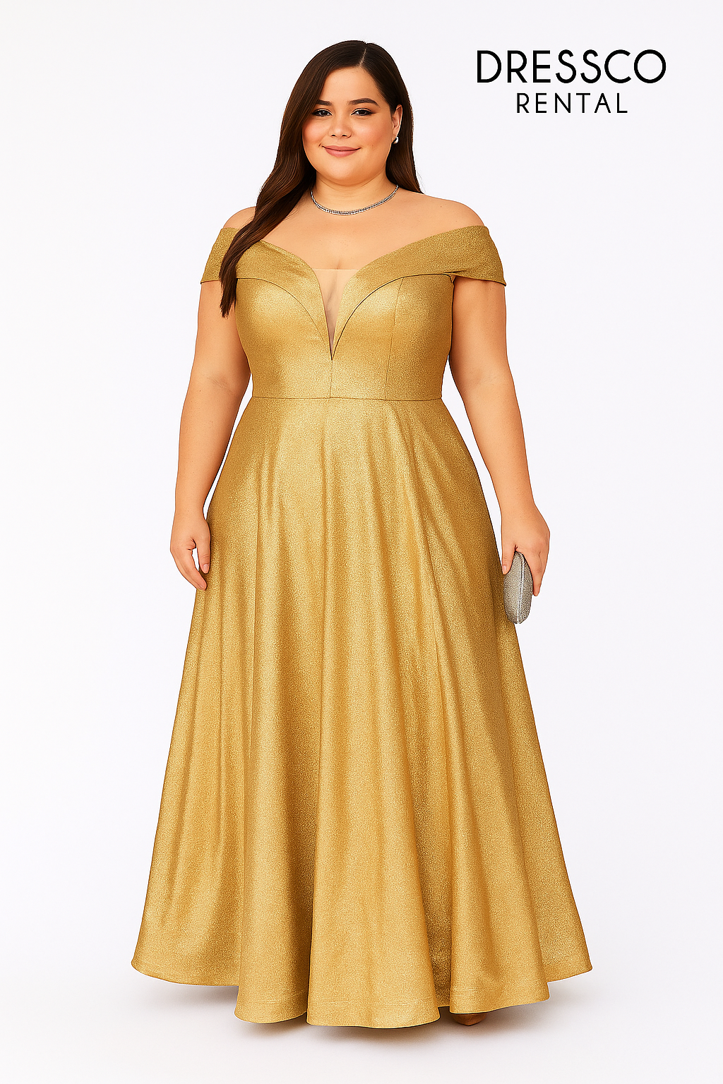 เดรสยาวเปิดไหล่ผ้ากลิตเตอร์สีทอง / Gold Glitter Off-Shoulder Long Dress