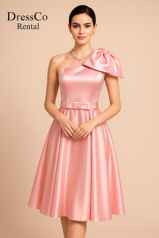 Pastel pink one-shoulder short dress with a luxurious bow