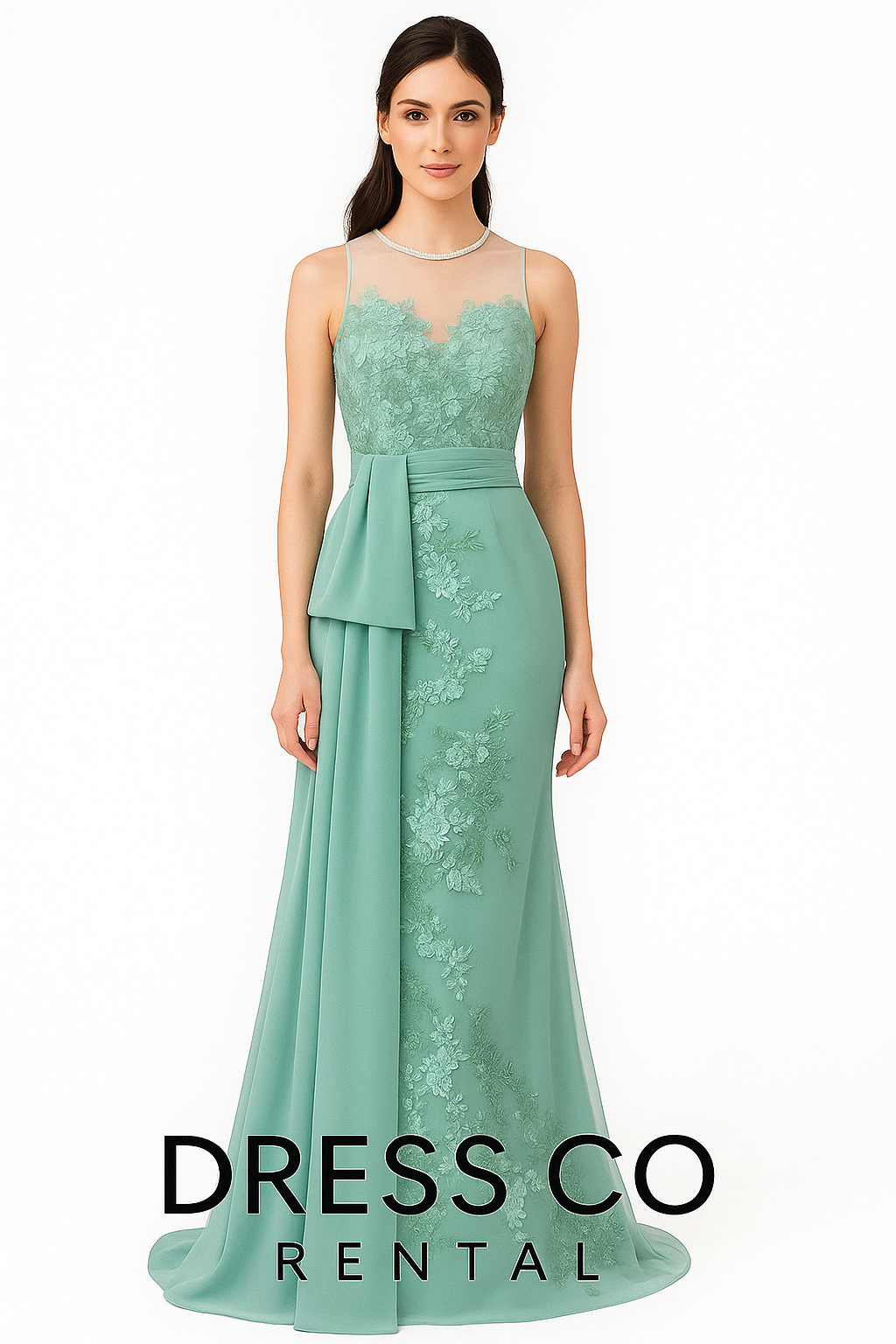 Mint green long evening dress with embroidered flowers and a draped front