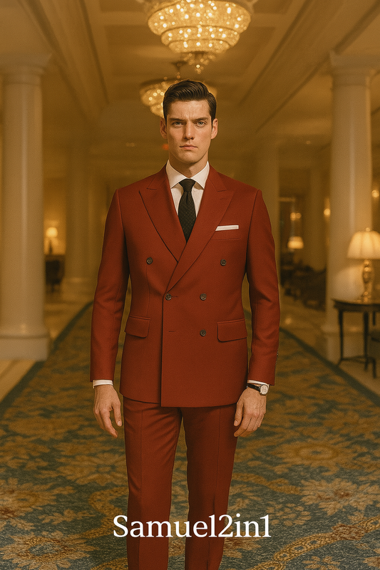 สูทกระดุมสองแถวสีแดงอิฐ | Rust Red Double-Breasted Suit – Samuel2in1