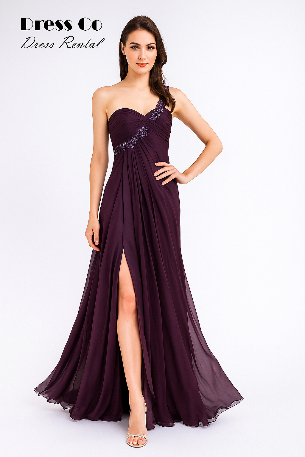 Dark purple long evening dress, one shoulder style, front slit, luxurious design