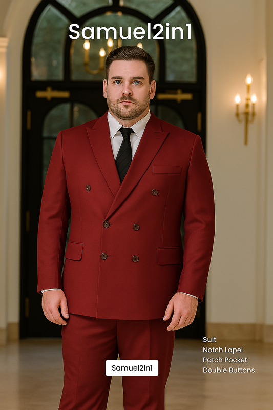 レンタル用の新しい仕立て上がりスーツ、ワインレッド、プラスサイズ3XL～6XL、ノッチラペル、ダブルブレスト