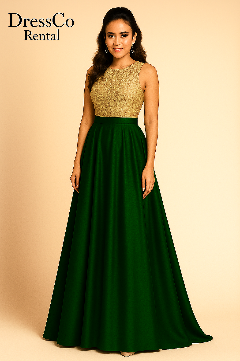 Gold sequined strapless long dress with dark green open back skirt