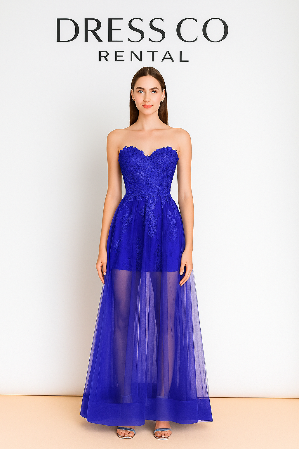 Lace Sheer Evening Dress - Blue