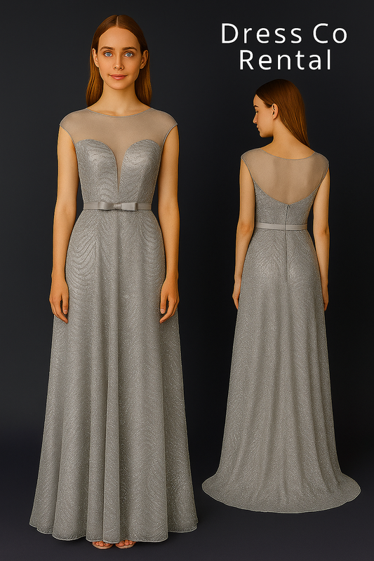 Silver-gray glitter long dress with mesh cutout neckline and belt