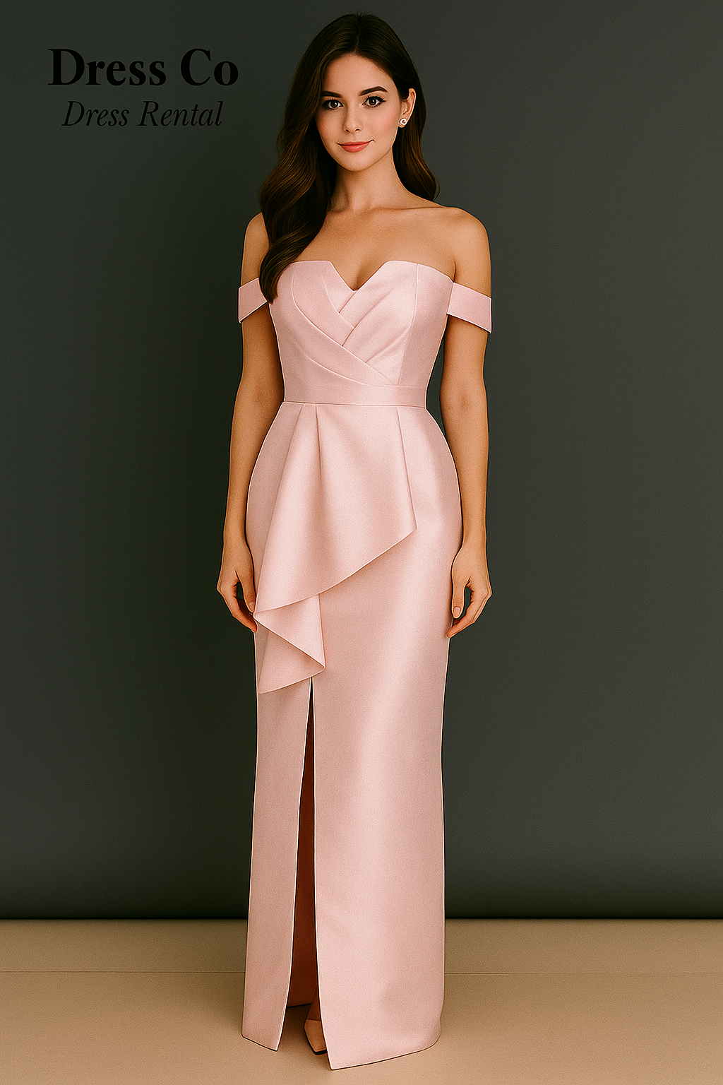 Pink off-shoulder satin fishtail evening dress (size S/M)