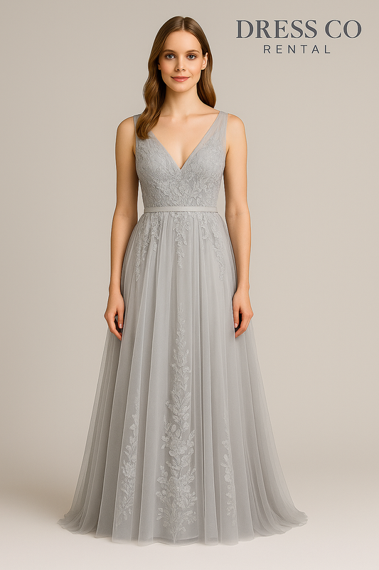 Silver grey lace long evening dress, V-neck, sleeveless
