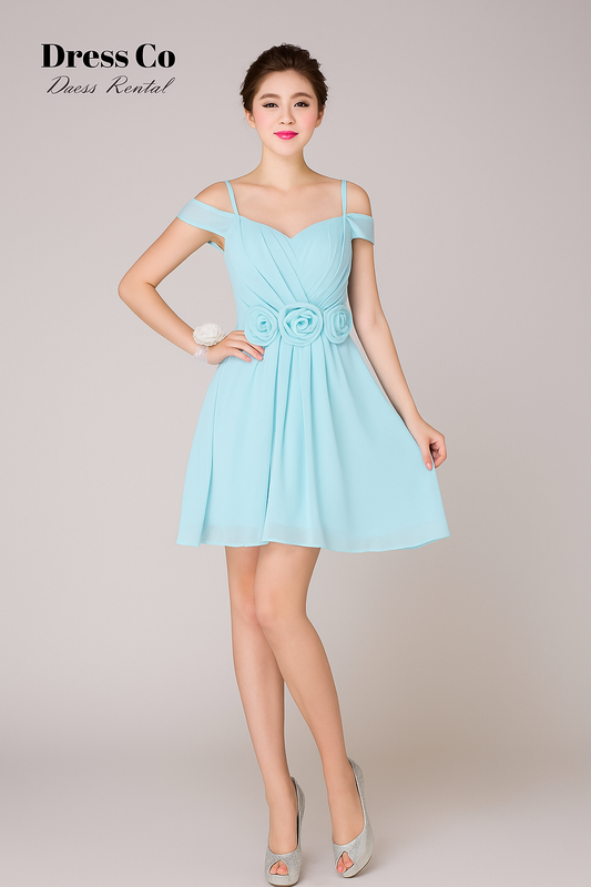 Light blue off-the-shoulder short dress with flower decoration at the waist