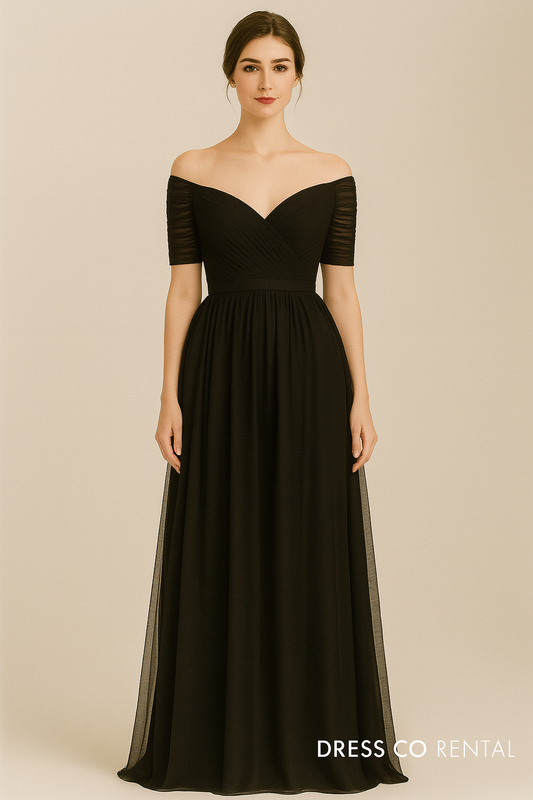 Black off-shoulder long evening dress with half-sleeved, classic style.