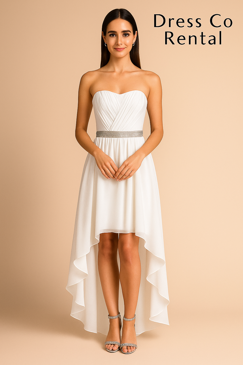 เดรสขาวเกาะอก หน้าสั้นหลังยาว คาดเอวเพชร/White Strapless High-Low Dress with Rhinestone Waistband