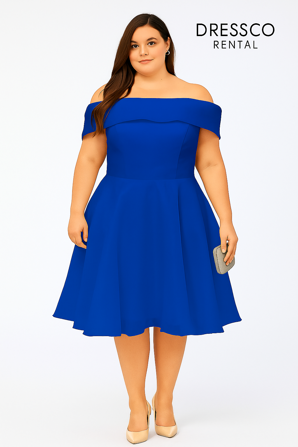 เดรสสั้นเปิดไหล่ผ้าชีฟองสีน้ำเงิน / Royal Blue Chiffon Off-Shoulder Short Dress