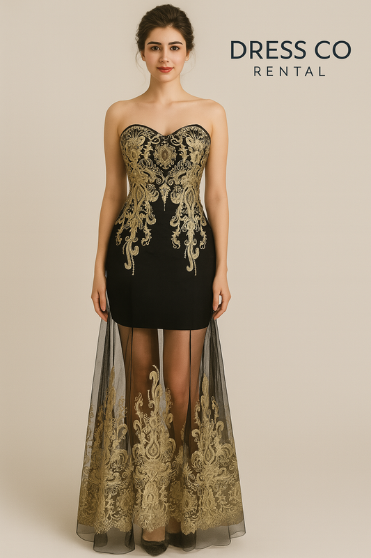 Short black evening dress, long mesh fabric, gold embroidery, sweetheart neckline