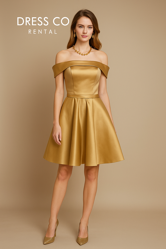 เดรสเปิดไหล่ผ้าซาตินสีทอง | Gold Off-Shoulder Satin Dress