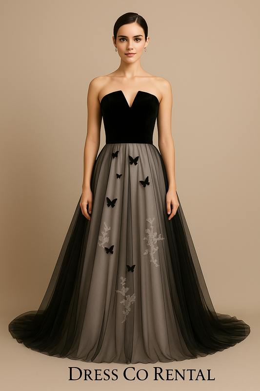 Black-gray strapless long evening dress with 3D butterfly embroidery