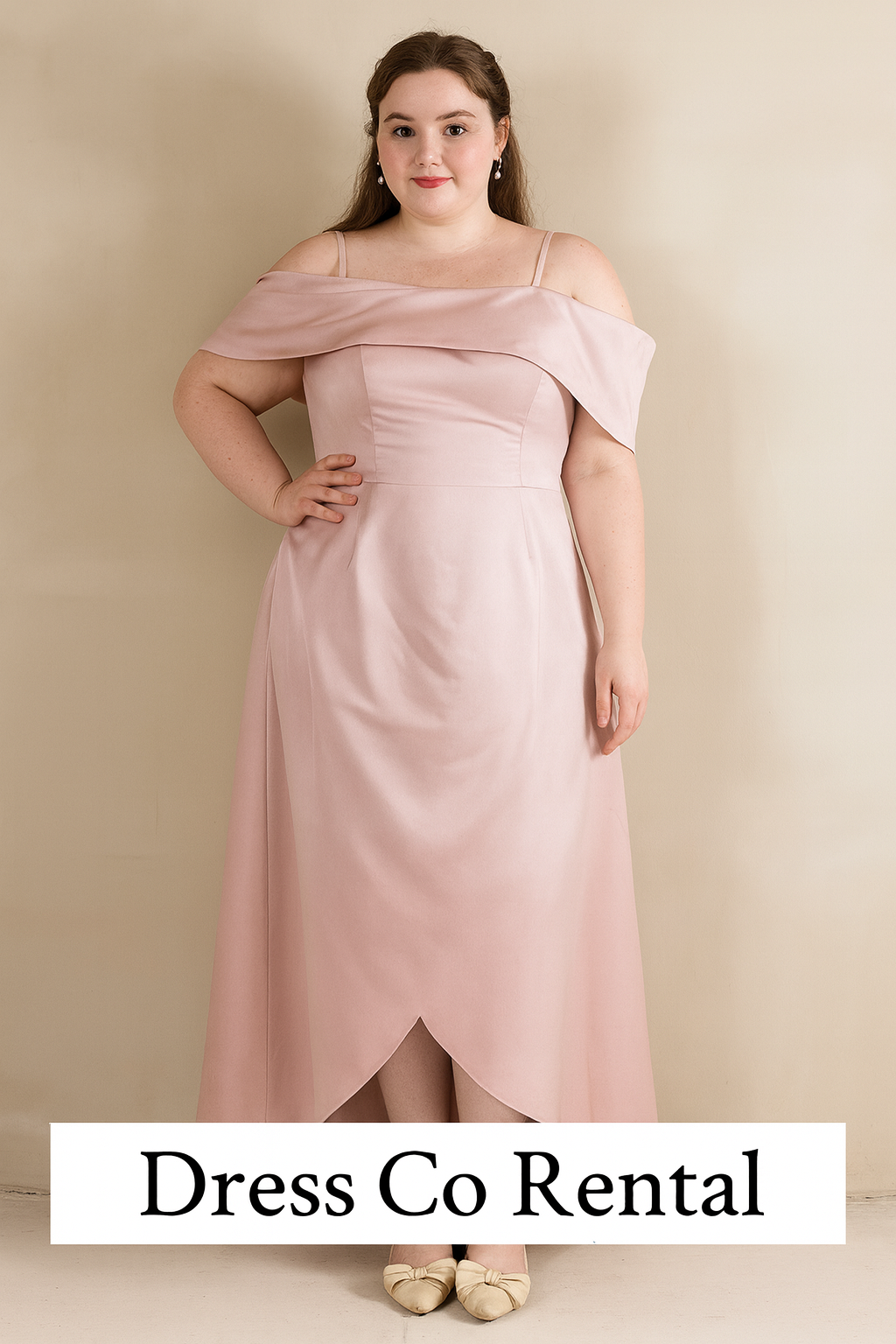 ชุดเดรสพลัสไซส์โทนชมพูซาตินเปิดไหล่ – Size 3XL