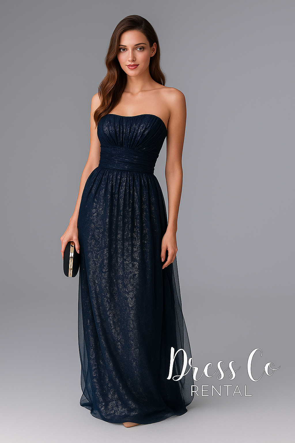 Navy blue strapless long evening dress made of luxurious glittery fabric