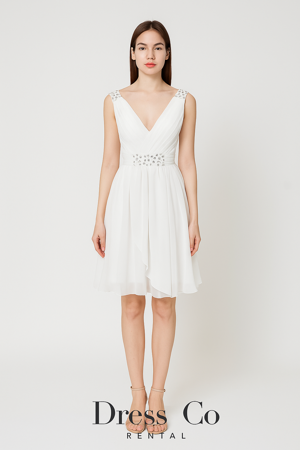 เดรสขาวคอวี แขนกุด ประดับเพชรเอวและหัวไหล่/White V-Neck Sleeveless Dress with Rhinestone Waist and Shoulder Detail