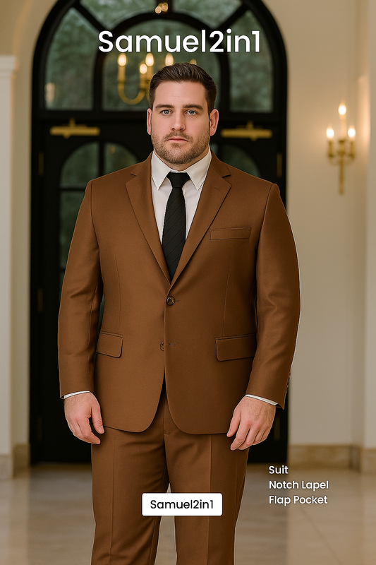 仕立てたてのブラウンスーツ（3XL～6XL）-ノッチラペル、フラップポケット