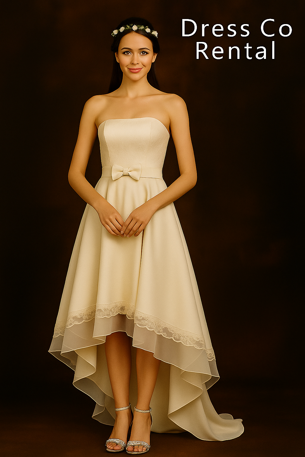 เดรสครีมเกาะอก หน้าสั้นหลังยาว ลูกไม้และโบว์หวาน/Cream Strapless High-Low Dress with Lace and Bow Detail