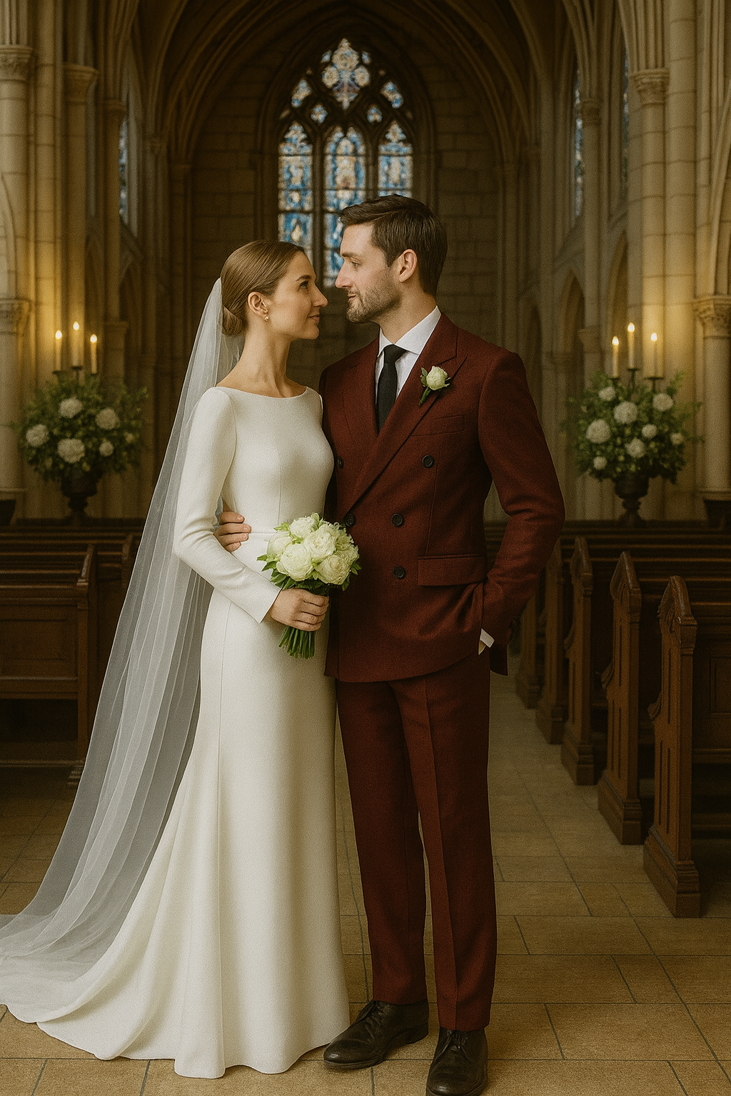 สูทเจ้าบ่าวเช่าตัดใหม่ สีแดงเบอร์กันดี | Burgundy Groom Suit for Rent