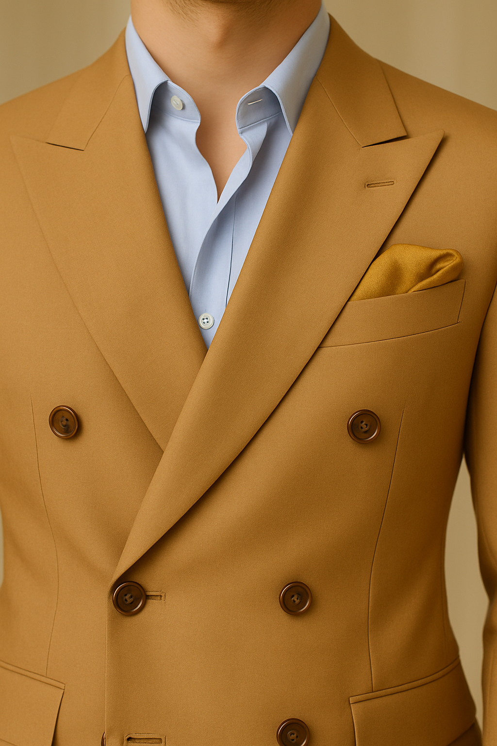 สูทเจ้าบ่าวเช่าตัดใหม่ สีคาราเมลทอง ทรงหรูหรา | Caramel Gold Groom Suit for Rent