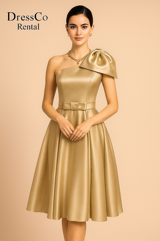 Gold one-shoulder short dress with a luxurious bow
