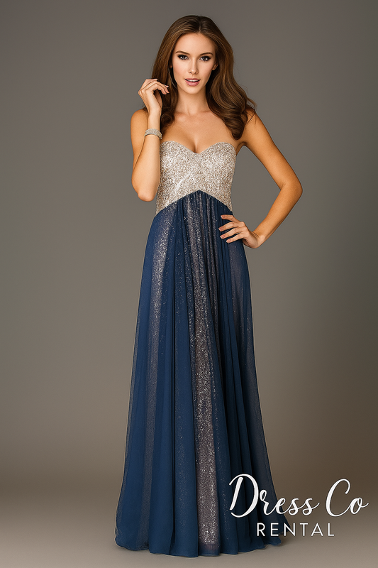 Strapless long evening dress with gold glitter and blue trim, luxurious design