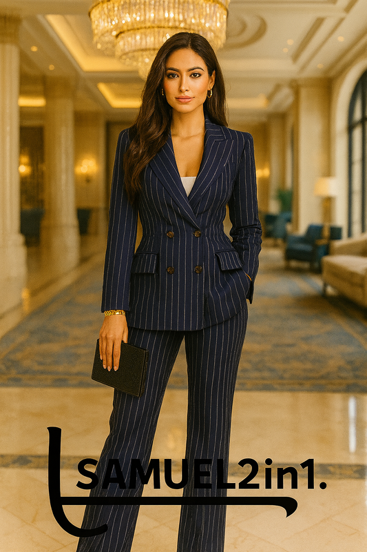 สูทผู้หญิงลายทาง Pinstripe สีน้ำเงินเข้ม กระดุมคู่ สั่งตัด (Made to Order) | Dress Co Rental