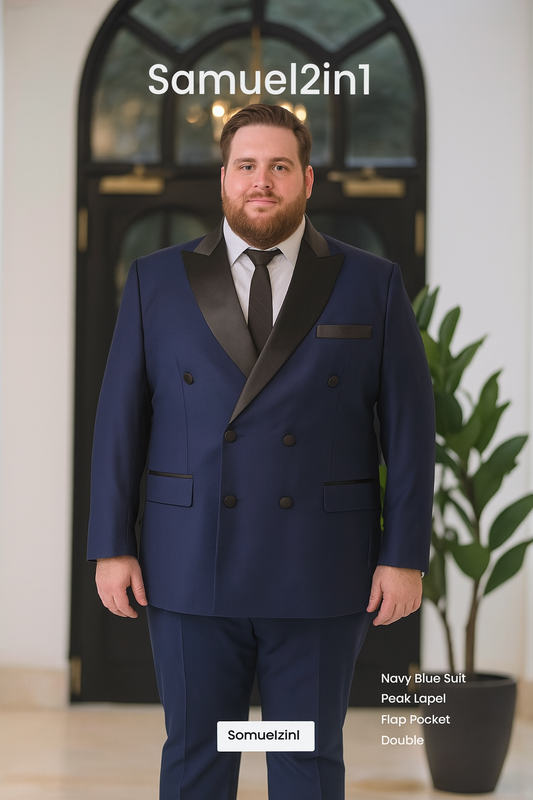 レンタル用の新仕立てスーツ、ネイビーブルー、ダブルブレスト（ピークドラペル）、サイズ3XL～6XL