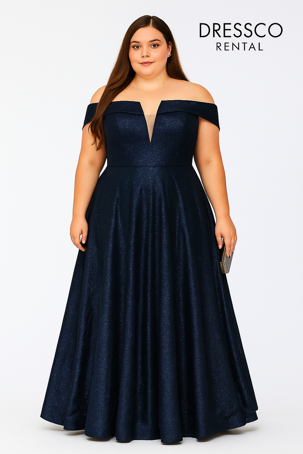 เดรสยาวเปิดไหล่ผ้ากลิตเตอร์สีน้ำเงินเข้ม / Navy Glitter Off-Shoulder Long Dress