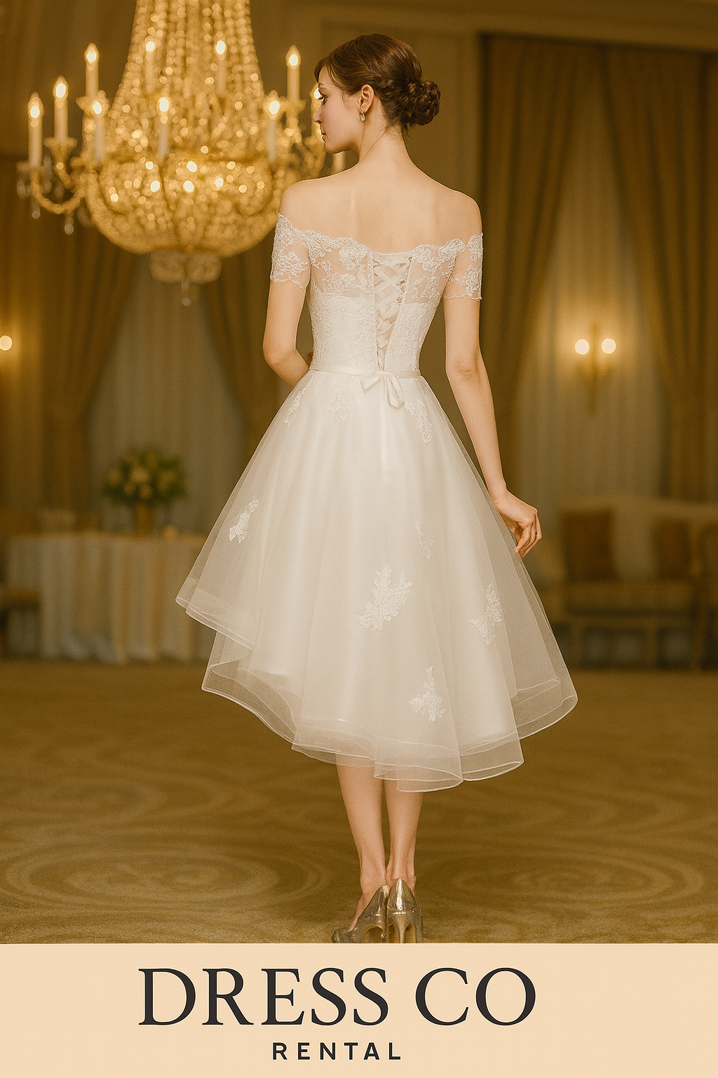 เดรสเจ้าสาวสั้นหางปลา ไหล่ตกลูกไม้ สีขาว – Size M