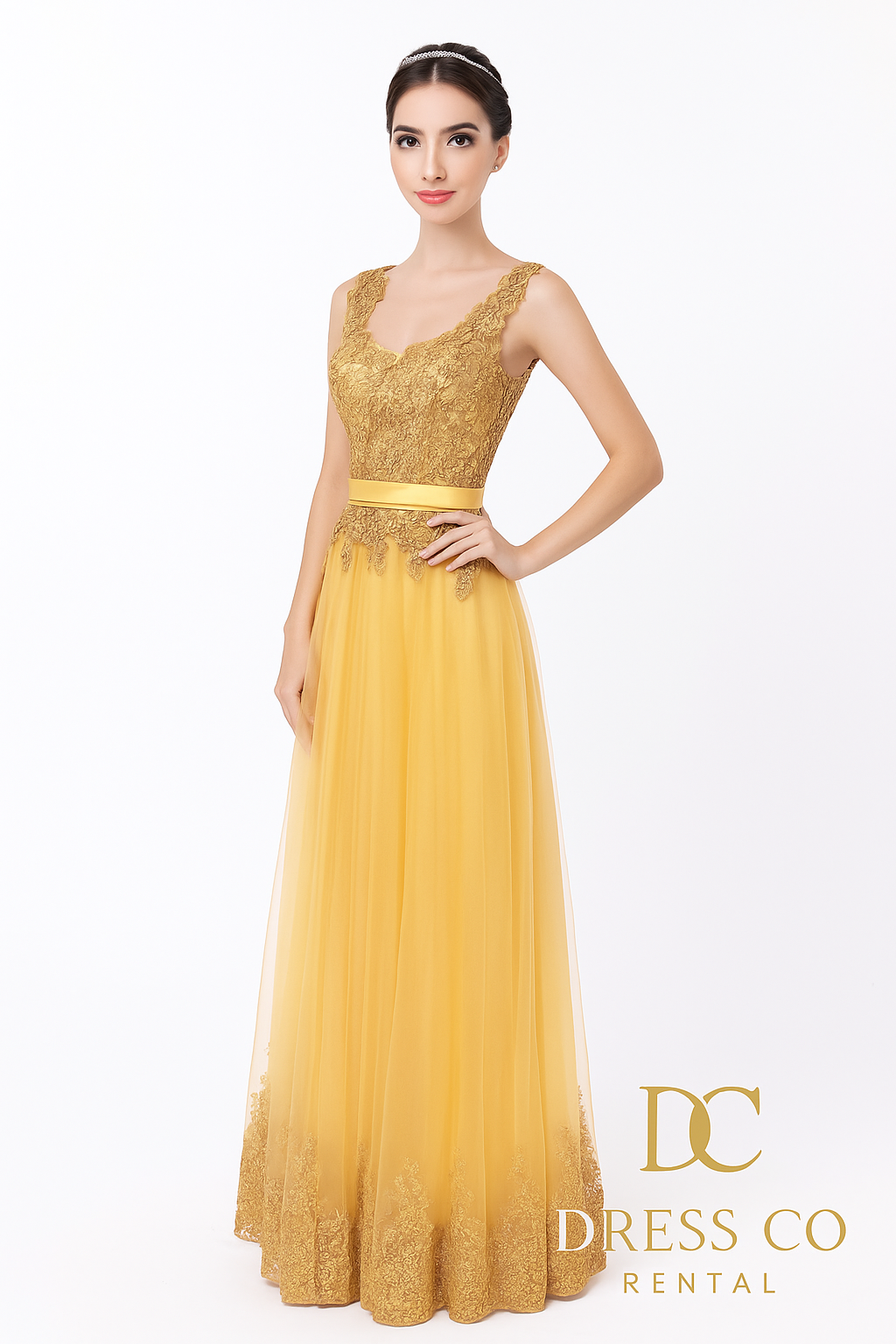 Gold Lace &amp; Tulle Overlay Dress