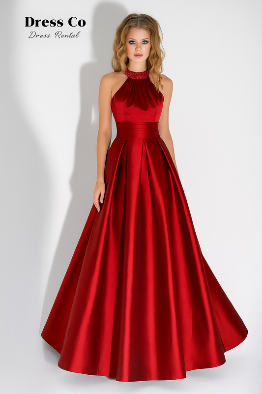 Dark red long evening dress with Chinese collar and crystal embroidery, made of shiny satin.