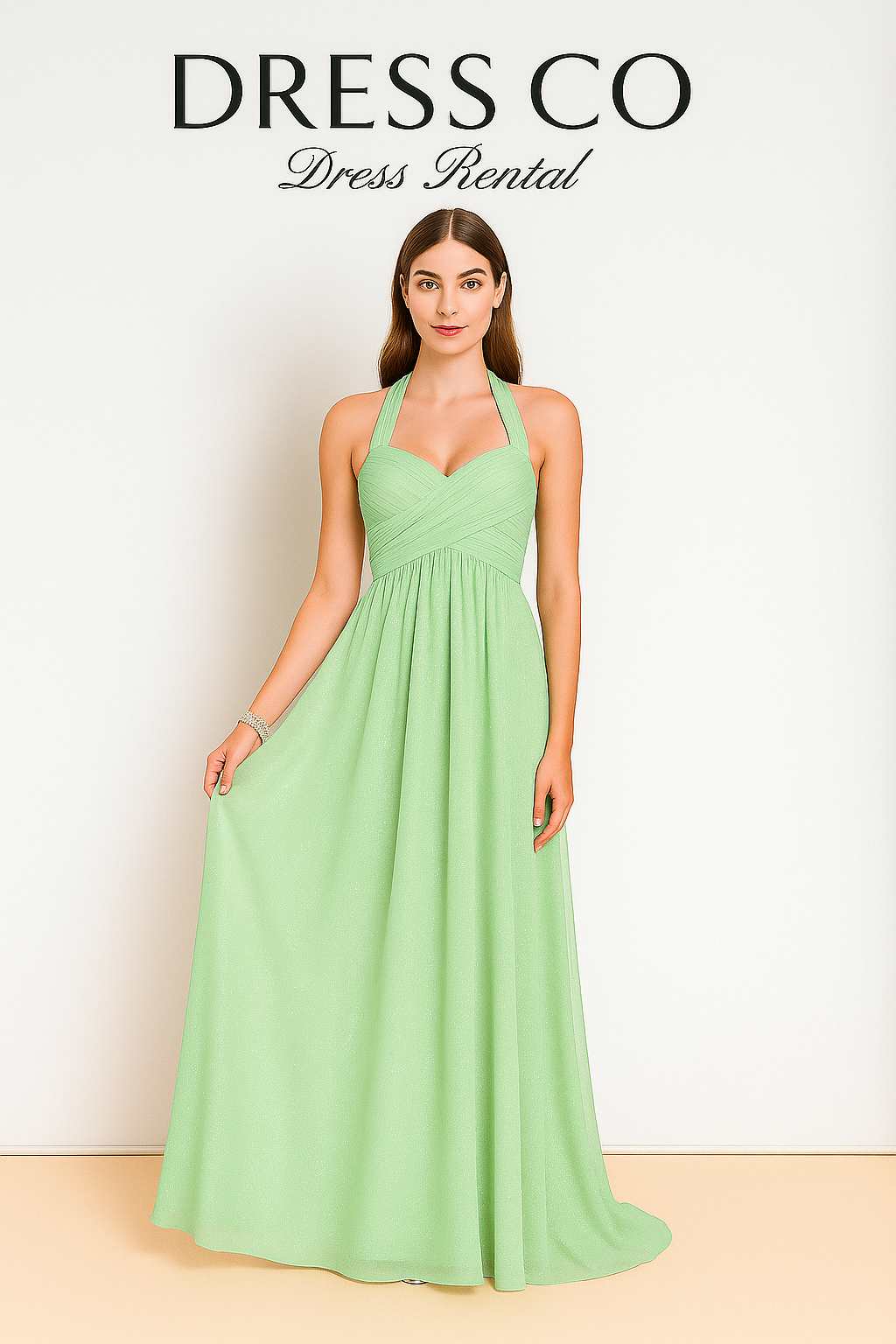 Pastel green long evening dress with a crisscross front, simple and elegant.