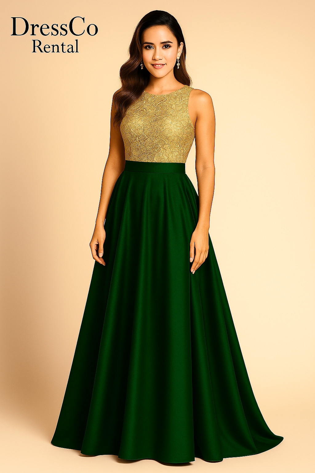 Gold sequined strapless long dress with dark green open back skirt