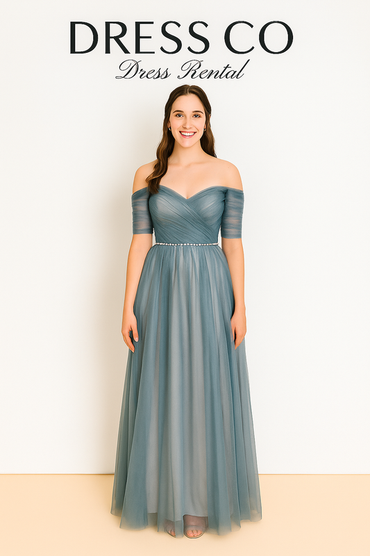 Product name (Thai): Off-shoulder long evening dress, blue-gray, sweet flowing design, decorated with a pearl belt.