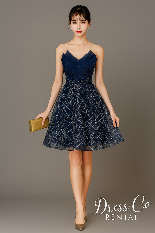 เดรสสายเดี่ยวทรงหัวใจ ลายพลุ / Navy Sweetheart Glitter Dress