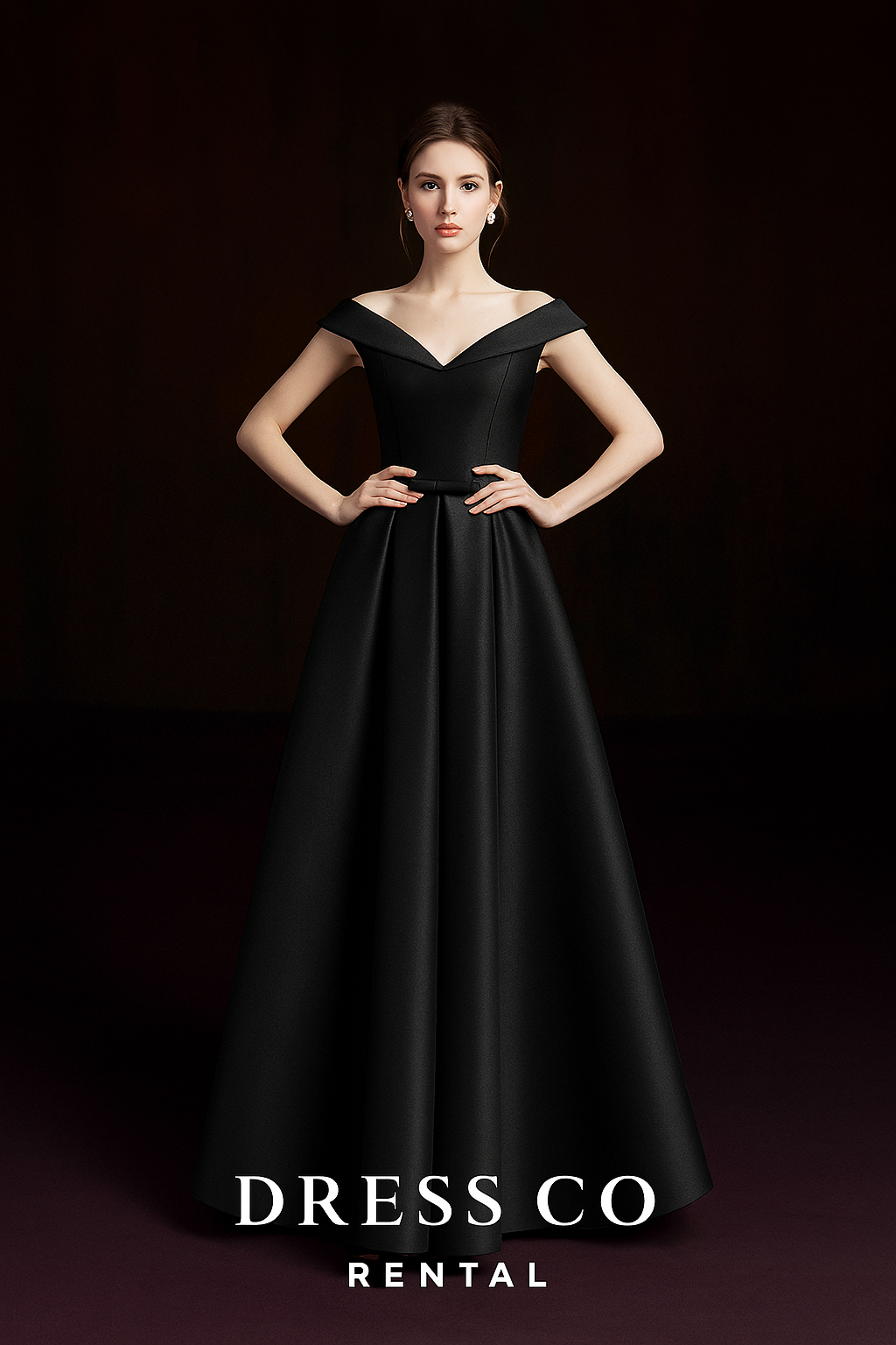 Black satin off-shoulder long dress, simple and elegant, classic.