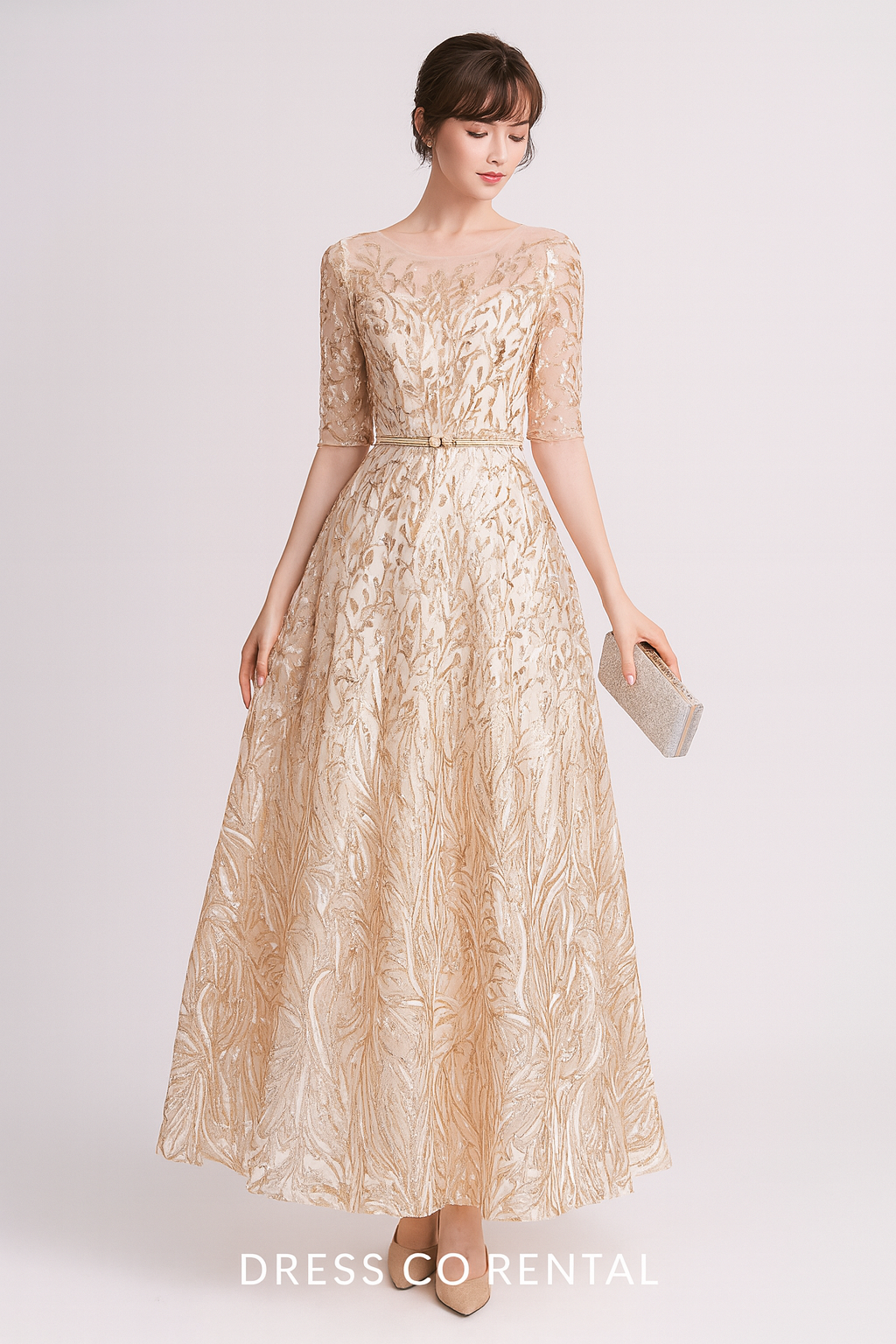 เดรสลูกไม้ทองงานปักหรู แขนครึ่งข้อ ทรงยาว (Size M)