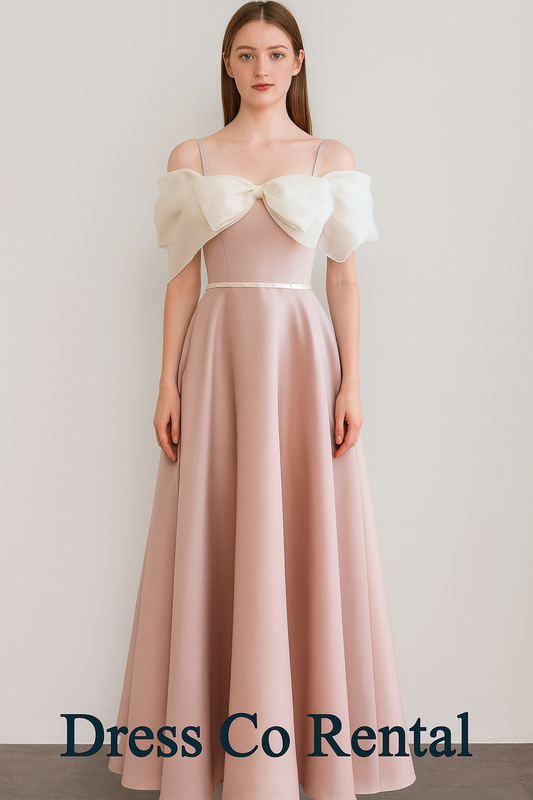 เดรสโบว์ใหญ่สีชมพูพีช ไหล่เฉียง หรูหรา (Size M)